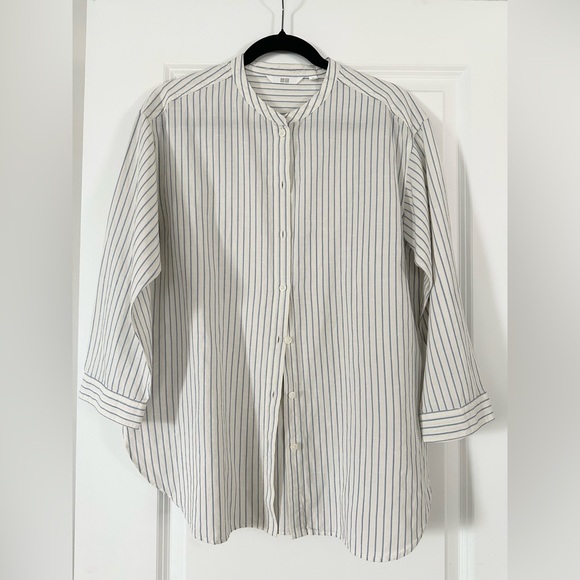 Uniqlo Linen Blend Band Collar Striped 3/4-Sleeve Shirt - Picture 3 of 3
